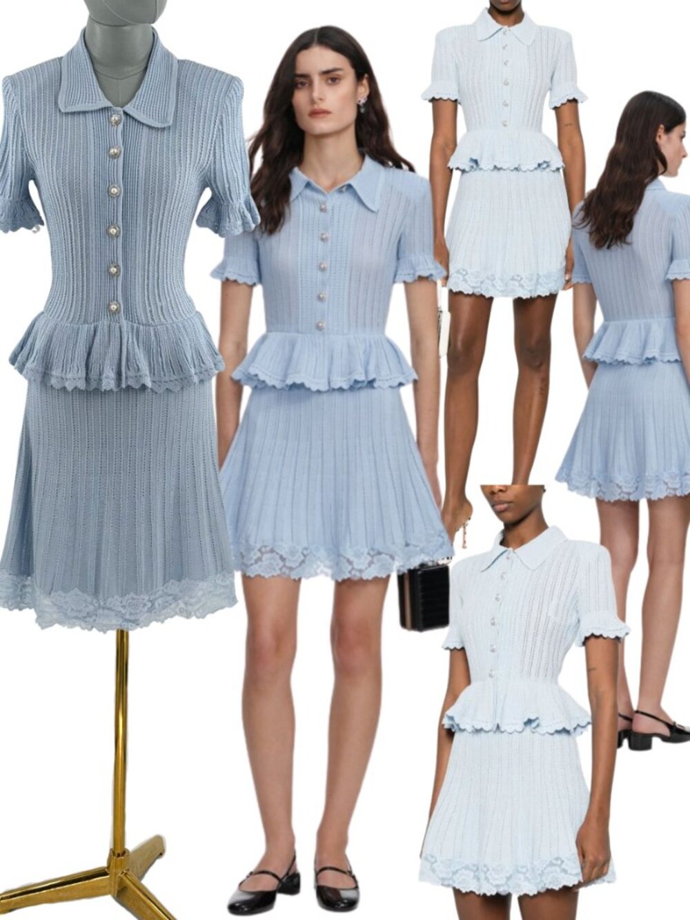 🆕 SELF-PORTRAIT 🧿 NWOT Pointelle Peplum Knit Mini Dress, Baby Blue - Sz M